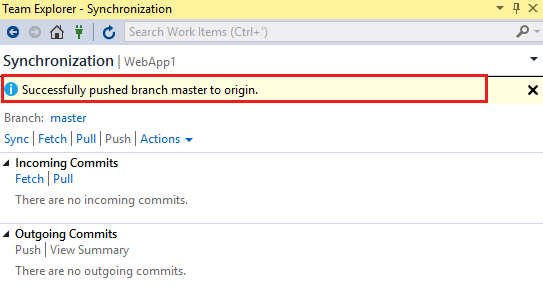 Screenshot of Visual Studio Team Explorer Synchronization pane with a message stating successfully pushed branch master to origin.